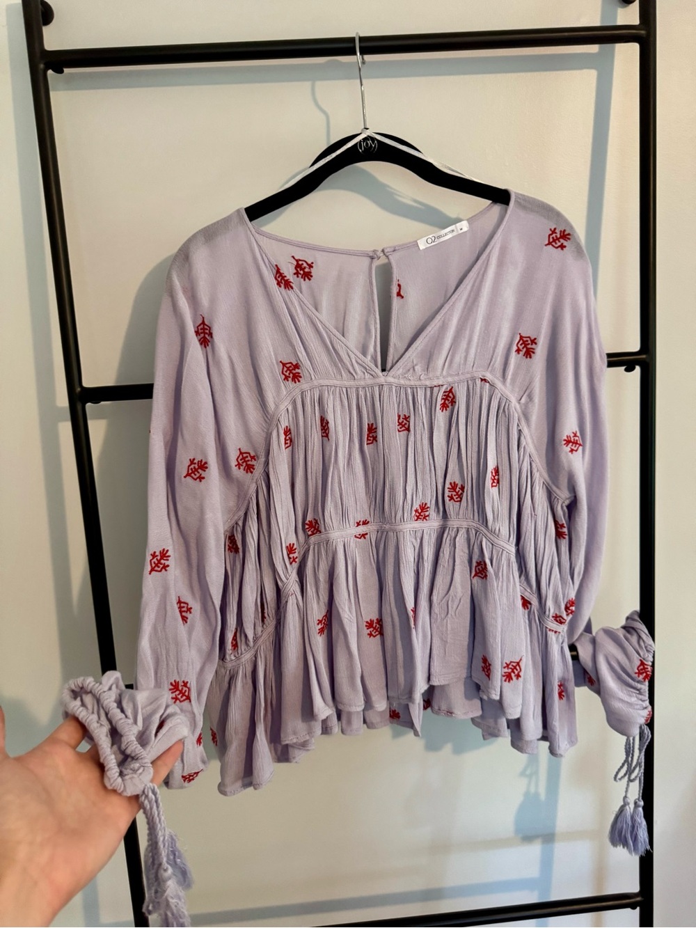 Q2 Collection Lavender Embroidered Peasant Blouse with Red Coral Accents, M